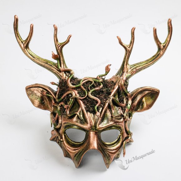 Steampunk Medusa Gold Antlers Halloween Half Face Masquerade Mask - Picture 1 of 3